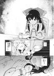  blush bow braid closed_eyes comic detached_sleeves eho_(icbm) empty_eyes greyscale hair_bow hair_tubes hakurei_reimu highres imageboard_sample kirisame_marisa long_hair masturbation monochrome multiple_girls nude open_mouth self_fondle single_braid smile sweat touhou translated 