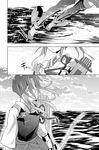  bow_(weapon) comic gloves greyscale hair_ribbon japanese_clothes kantai_collection long_hair monochrome muneate myama ocean ribbon skirt translation_request twintails weapon zuikaku_(kantai_collection) 