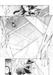  battle bow broom broom_riding comic eho_(icbm) greyscale hair_bow hair_tubes hakurei_reimu hat hat_bow highres imageboard_sample kirisame_marisa monochrome multiple_girls touhou translation_request witch_hat 