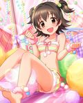  akagi_miria artist_request barefoot beads bracelet brown_eyes brown_hair hair_ornament idolmaster idolmaster_cinderella_girls jewelry midriff official_art on_bed open_mouth pillow pom_pom_(clothes) sitting sitting_on_bed smile solo twintails two_side_up 