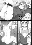  1girl anus bad_id bad_pixiv_id breasts bulge censored comic doctor english erection erection_under_clothes freckles ghettoyouth glasses greyscale highres jacket long_hair minami_hana_(ghettoyouth) monochrome nude original panties panty_pull pubic_hair pussy shorts shorts_pull small_breasts sports_bra surprised sweat track_jacket underwear undressing 