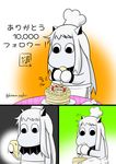  cake chef_hat commentary cosplay food fruit gradient gradient_background hat highres horns icing kantai_collection mayonnaise mittens moomin muppo no_humans northern_ocean_hime northern_ocean_hime_(cosplay) pastry_bag sazanami_konami shinkaisei-kan simple_background solo squeeze_bottle strawberry thank_you translated twitter_username 