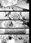  all_fours animal bird cliff close-up closed_eyes comic crow detached_sleeves face falling_leaves fingerless_gloves flying gloves greyscale hair_between_eyes head_down im_(badmasa) inubashiri_momiji leaf long_hair monochrome touhou very_long_hair water waterfall wet wet_clothes wet_hair 