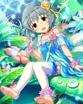  bare_shoulders barefoot bead_band brown_eyes feet flower grey_hair hair_flower hair_ornament headband idolmaster idolmaster_cinderella_girls jewelry leaf microphone mole mole_under_eye narumiya_yume neck_ribbon necklace open_mouth ribbon sitting thighhighs wrist_cuffs 