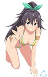  all_fours barefoot bikini black_hair blue_eyes breasts cleavage earrings ganaha_hibiki grin high_ponytail hoop_earrings idolmaster idolmaster_(classic) jabara_tornado jewelry long_hair medium_breasts multicolored multicolored_stripes navel ponytail smile solo striped striped_bikini swimsuit waving 