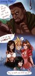  2koma 3girls ? aerith_gainsborough barret_wallace beard black_hair blonde_hair blue_eyes braid breast_press breasts brown_hair cleavage cloud_strife comic crew_cut dark_skin english expressionless facial_hair final_fantasy final_fantasy_vii girl_sandwich green_eyes harem headband heart highres large_breasts long_hair medium_breasts multiple_boys multiple_girls pimp plague_of_gripes red_xiii sandwiched short_hair single_braid smile spiked_hair spoken_heart tifa_lockhart very_dark_skin very_long_hair yuffie_kisaragi 