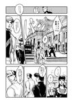  belt comic gakuran greyscale hat height_difference higashikata_jousuke hirose_kouichi jojo_no_kimyou_na_bouken kuujou_joutarou long_coat monochrome multiple_boys muya_(uyamuya_jj) nijimura_okuyasu pompadour school_uniform suitcase translated turtleneck 