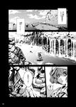  boots cloud comic greyscale im_(badmasa) kawashiro_nitori leaf monochrome nature open_mouth river sky touhou translated tree umbrella water waterfall 