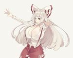  alternate_breast_size breasts cleavage fujiwara_no_mokou hair_ornament hair_ribbon huge_breasts long_hair long_sleeves looking_away muneneko ofuda outstretched_arms pants red_eyes ribbon shirt simple_background smile solo touhou white_hair 