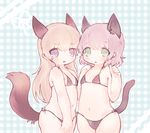  2girls :o animal_ears bikini black_bikini blonde_hair blush cat_ears cat_tail eila_ilmatar_juutilainen frown green_eyes long_hair multiple_girls navel okayu_(headless) open_mouth plaid plaid_background purple_eyes sanya_v_litvyak short_hair side-tie_bikini silver_hair strike_witches swimsuit tail 