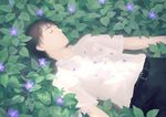  black_hair chewed_leaves closed_eyes crying dappled_sunlight leaf lying male_focus on_back on_ground original pants petals plant re:i shirt signature solo sunlight tears violet_(flower) white_shirt 