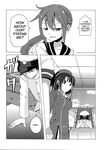  2girls admiral_(kantai_collection) admiral_shiro_(shino) akebono_(kantai_collection) beret comic desk doujinshi flower_ornament gloves greyscale hair_ornament hard_translated hat highres kantai_collection military military_hat military_uniform monochrome multiple_girls sanpaku school_uniform serafuku shino_(ponjiyuusu) standing takao_(kantai_collection) translated uniform 