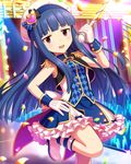  :d artist_request bangs blue_hair boots brown_eyes confetti epaulettes gloves glowstick hat holding idolmaster idolmaster_cinderella_girls long_hair looking_at_viewer marching_melodies microphone open_mouth sajou_yukimi smile solo stage 