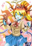  ;d ahoge blonde_hair blue_skin blue_skirt bow buttons cellphone demon_girl demon_wings directional_arrow halo heart hera-ur_(p&amp;d) hera_(p&amp;d) horns long_hair long_sleeves multicolored_hair one_eye_closed open_mouth phone pointy_ears ponytail puzzle_&amp;_dragons red_hair school_uniform siukaukau24 skirt smile solo star tail tamadra tiara two-tone_hair wings yellow_eyes 