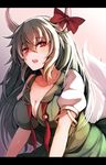  blush bow breasts cleavage dress ex-keine green_hair hair_between_eyes horn_bow horns kamishirasawa_keine large_breasts letterboxed long_hair looking_at_viewer nakaichi_(ridil) open_mouth red_eyes solo tail touhou untied 