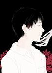  black_background black_hair blood check_flower commentary flower from_side hand_on_another's_chin hickey male_focus original re:i shirt simple_background skeletal_arm solo_focus spider_lily spot_color upper_body white_shirt 