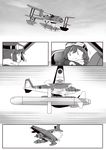  aircraft airplane dodging fairy_(kantai_collection) greyscale hiememiko highres kantai_collection missile monochrome pilot_uniform 