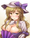  blonde_hair blush breasts cleavage fan gradient gradient_background hat hat_ribbon juliet_sleeves kei_kei large_breasts long_hair long_sleeves looking_at_viewer open_clothes open_shirt puffy_sleeves ribbon shirt simple_background smile solo touhou watatsuki_no_toyohime white_shirt yellow_eyes 