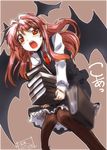  bat_wings book book_stack falling head_wings holding holding_book koakuma long_hair necktie open_mouth pantyhose red_eyes red_hair red_neckwear solo takana_shinno touhou vest wings 