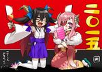  black_hair blush closed_eyes face_painting horns japanese_clothes kaida_michi kimono long_hair multiple_girls open_mouth pink_eyes pink_hair smile 