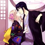  1girl awashima_seri black_hair blonde_hair flower from_side hair_flower hair_ornament hand_on_another's_face imminent_kiss japanese_clothes k_(anime) kimono looking_at_another munakata_reishi purple_eyes short_hair smile yasai_(getsu) 
