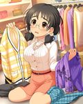  artist_request asano_fuuka bag belt black_hair brown_eyes closet clothes_hanger glasses hat holding idolmaster idolmaster_cinderella_girls jewelry low_twintails necklace open_mouth plaid sitting skirt solo sweatdrop twintails wariza 