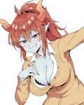  bad_id bad_pixiv_id blue_skin bra breasts cardigan cleavage grin hera-ur_(p&amp;d) hera_(p&amp;d) horns hyouzou_(xghsnx) large_breasts multicolored_hair ponytail puzzle_&amp;_dragons red_hair school_uniform smile solo underwear yellow_eyes 