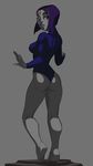  ass barefoot dc_comics forehead_jewel from_behind full_body grey_background grey_skin kneepits leotard long_sleeves morganagod purple_eyes purple_hair raven_(dc) short_hair solo teen_titans 