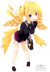  absurdres ahoge bag blonde_hair blue_eyes cardigan drill_hair feathers full_body high_school_dxd highres long_hair miyama-zero official_art ravel_phenex school_bag school_uniform shoes simple_background skirt smile socks solo twin_drills twintails wings 