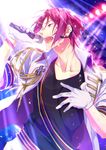  aiguillette free! gloves hand_on_own_chest headset idol male_focus matsuo_shin matsuoka_rin microphone music open_mouth red_eyes red_hair sharp_teeth singing solo sparkle sweat teeth 