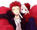  1girl hat jacket jewelry k_(anime) kushina_anna long_hair necklace open_clothes open_jacket orange_eyes red_eyes red_hair short_hair smile suou_mikoto_(k) white_hair yasai_(getsu) 