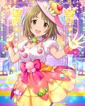  bow brown_eyes brown_hair checkered checkered_floor dress gloves hat idolmaster idolmaster_cinderella_girls lens_flare looking_at_viewer mimura_kanako official_art open_mouth short_hair solo sparkle stage stage_lights sweet2_happy wrist_cuffs 
