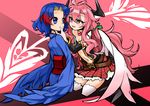  arrow blue_eyes blue_hair feathered_wings feathers hand_on_another's_face harpy heart heart-shaped_pupils kaida_michi long_hair monster_girl multiple_girls open_mouth pink_background pink_eyes pink_hair short_hair skirt smile symbol-shaped_pupils wings yuri 