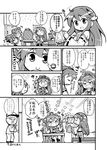  &gt;_&lt; 1boy 2girls =_= ^_^ admiral_(kantai_collection) bare_shoulders closed_eyes comic cup detached_sleeves flailing greyscale hair_between_eyes haruna_(kantai_collection) heart herada_mitsuru highres kantai_collection kongou_(kantai_collection) long_hair monochrome multiple_girls one_eye_closed open_mouth pleated_skirt running skirt smile teacup teapot translation_request wide_sleeves 