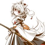  animal_ears detached_sleeves hat hat_ribbon inubashiri_momiji katana kei_kei kourindou_tengu_costume long_sleeves pom_pom_(clothes) red_eyes ribbon silver_hair solo sword tail tokin_hat touhou weapon wide_sleeves wolf_ears wolf_tail 