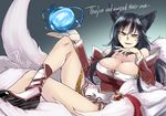  ahri animal_ears bare_shoulders black_hair breasts bursting_breasts cleavage crossed_legs detached_sleeves english facial_mark fox_ears fox_tail kaida_michi korean_clothes large_breasts league_of_legends legs long_hair looking_at_viewer multiple_tails smile solo tail thighs whisker_markings yellow_eyes 