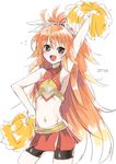  2014 arm_up armpits blush crop_top hand_on_hip kaida_michi long_hair looking_at_viewer midriff navel open_mouth orange_hair pom_poms simple_background sketch smile solo white_background 