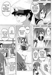  1boy 3girls admiral_(kantai_collection) admiral_shiro_(shino) akebono_(kantai_collection) alcohol bell comic cup door doujinshi flower greyscale hair_bell hair_flower hair_ornament hard_translated hat highres hiyou_(kantai_collection) jingle_bell jun'you_(kantai_collection) kantai_collection military_hat monochrome multiple_girls sanpaku shino_(ponjiyuusu) side_ponytail towel translated 