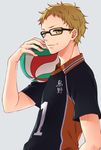  blonde_hair glasses haikyuu!! male_focus rio_(rio_01) simple_background smile solo sportswear tsukishima_kei volleyball volleyball_uniform yellow_eyes 