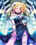  artist_request blonde_hair bracelet dress earrings hair_ornament hand_on_hip idolmaster idolmaster_cinderella_girls jewelry kiryuu_tsukasa_(idolmaster) nail_polish official_art one_eye_closed parted_lips purple_eyes ring side_ponytail smile solo sparkle stage stage_lights 