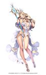 bare_legs blonde_hair blue_eyes bracelet chaos_online company_name copyright_name full_body highres irea jewelry lips long_hair looking_at_viewer love_cacao official_art one-piece_swimsuit parted_lips simple_background solo swimsuit white_background 