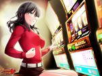  aiko_yumi black_hair breasts casino clenched_hand fist_pump gambling glasses green_eyes grin highres huniepop long_hair medium_breasts ninamo official_art pencil_skirt rimless_eyewear skirt slot_machine smile solo watermark 