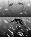  1girl abyssal_admiral_(kantai_collection) blood blood_on_face bubble comic gegeron glowing glowing_eye greyscale hat highres kantai_collection kisaragi_(kantai_collection) monochrome peaked_cap shinkaisei-kan underwater 