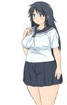  banned_artist black_hair blue_eyes blush breasts large_breasts long_hair mikomu original pleated_skirt school_uniform serafuku skirt smile solo thick_thighs thighs 