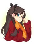  absurdres bad_id bad_nicoseiga_id bespectacled black_hair blue_eyes blush fate/stay_night fate_(series) glasses hair_ribbon highres long_hair looking_at_viewer mk_(masatusaboten) orange_scarf red-framed_eyewear ribbon scarf simple_background solo toosaka_rin two_side_up white_background 