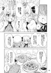  :d bread chestnut_mouth comic dress drill_hair food fork greyscale hat highres hirasaka_makoto luna_child monochrome multiple_girls open_mouth short_hair smile soup sparkle spoon sunny_milk touhou translated wings 