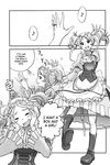  boots closed_eyes comic detached_sleeves dress fire_emblem fire_emblem:_kakusei greyscale highres jewelry juliet_sleeves knee_boots liz_(fire_emblem) long_sleeves monochrome open_mouth puffy_sleeves ring smile translated twintails 