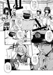  4girls admiral_(kantai_collection) bare_shoulders bow comic crossed_arms detached_sleeves elbow_gloves glasses gloves greyscale hair_bow hairband hat headgear i-401_(kantai_collection) kantai_collection kongou_(kantai_collection) long_sleeves military military_hat military_uniform monochrome multiple_girls naval_uniform neckerchief nontraditional_miko one_eye_closed ooyodo_(kantai_collection) peaked_cap pleated_skirt sailor_collar school_uniform serafuku shimakaze_(kantai_collection) skirt swimsuit swimsuit_under_clothes thighhighs translation_request uniform zepher_(makegumi_club) 
