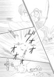  aerial_battle aircraft airplane battle comic gloves greyscale hakama_skirt japanese_clothes kaga_(kantai_collection) kantai_collection monochrome motion_lines muneate partly_fingerless_gloves pleated_skirt shimazaki_mujirushi side_ponytail skirt tasuki thighhighs yugake 