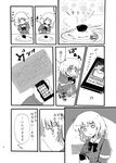  cellphone comic doujinshi dress greyscale highres holographic_interface kokonoha_mikage maribel_hearn monochrome phone ribbon short_hair touhou translation_request 